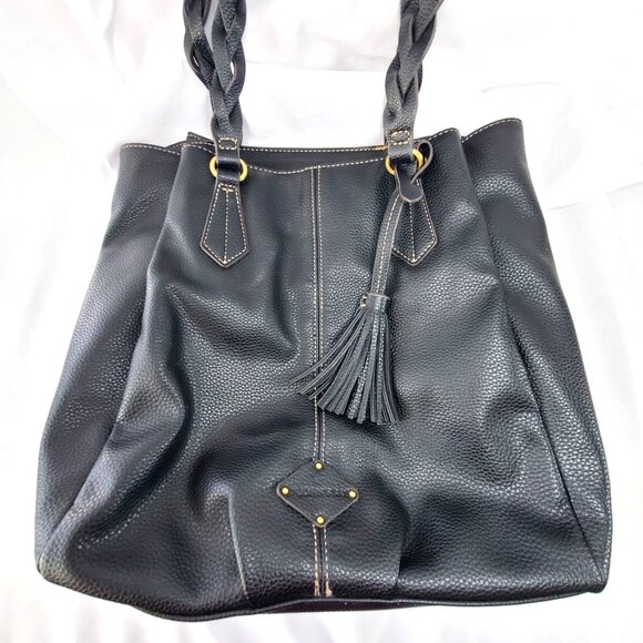 St. Johns Bay Black Faux Leather Tote Bag With Braided Handles & Tassel Accent - Picture 13 of 13
